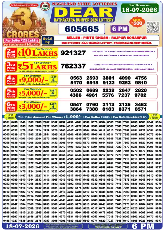 Dear Rathayatra Bumper Today Result 18 July 2026 Winning Numbers
