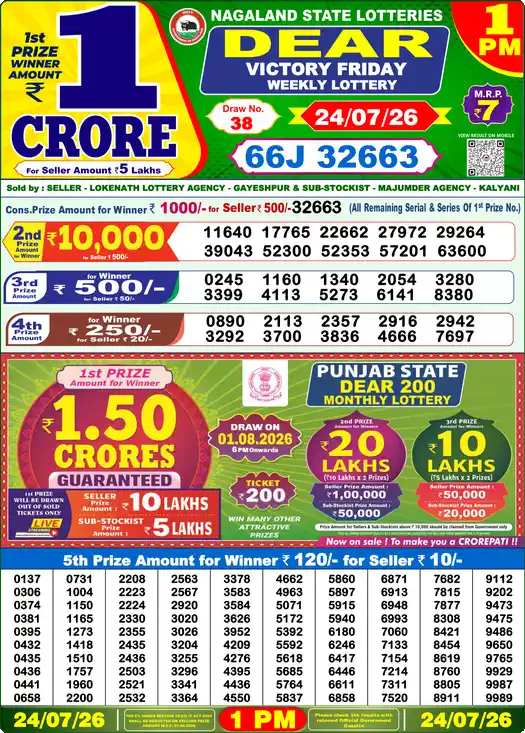 DEAR VICTORY FRIDAY Lottery Result 24 July 2026 – 1 PM DEAR VICTORY FRIDAY Lottery Sambad 1 PM Result 24 July 2026