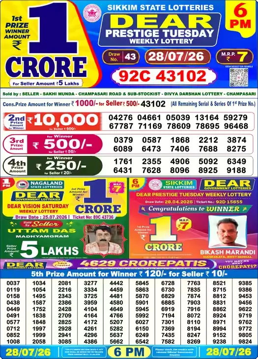 DEAR PRESTIGE TUESDAY Lottery Result 28 July 2026 – 6 PM DEAR PRESTIGE TUESDAY Lottery Sambad 6 PM Result 28 July 2026