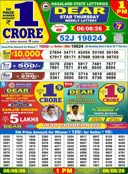 DEAR STAR THURSDAY Lottery Result 06 August 2026 – 1 PM DEAR STAR THURSDAY Lottery Sambad 1 PM Result 06 August 2026