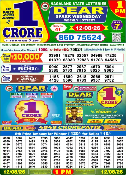 DEAR SPARK WEDNESDAY Lottery Sambad 1 PM Result 12 August 2026