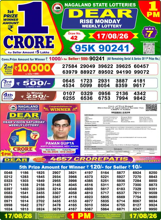 DEAR RISE MONDAY Lottery Result 17 August 2026 – 1 PM DEAR RISE MONDAY Lottery Sambad 1 PM Result 17 August 2026