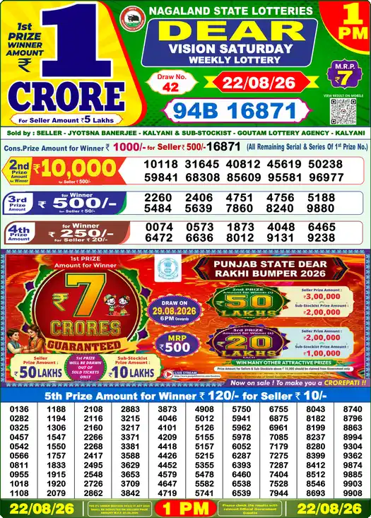 DEAR VISION SATURDAY Lottery Result 22 August 2026 – 1 PM DEAR VISION SATURDAY Lottery Sambad 1 PM Result 22 August 2026