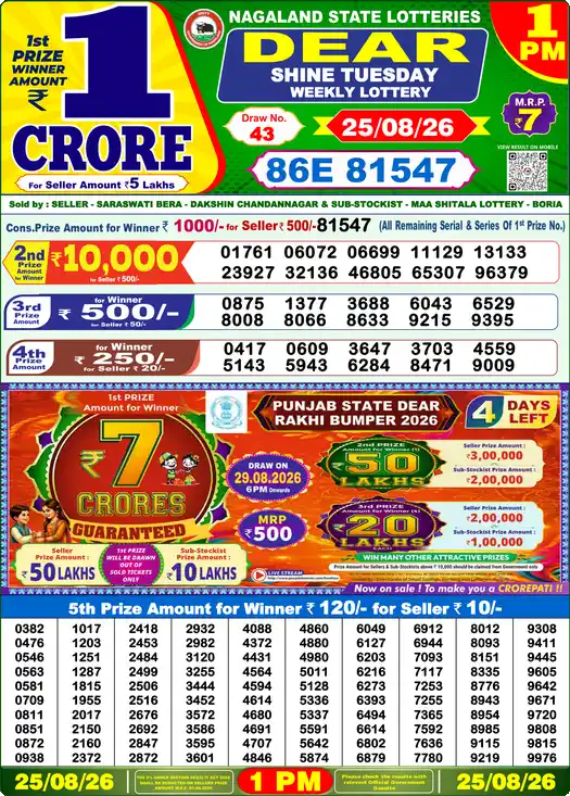 DEAR SHINE TUESDAY Lottery Result 25 August 2026 – 1 PM DEAR SHINE TUESDAY Lottery Sambad 1 PM Result 25 August 2026