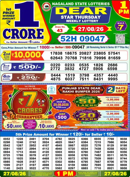 DEAR STAR THURSDAY Lottery Sambad 1 PM Result 27 August 2026
