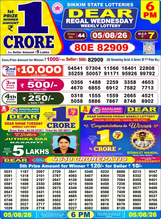 DEAR REGAL WEDNESDAY Lottery Sambad 6 PM Result 05 August 2026
