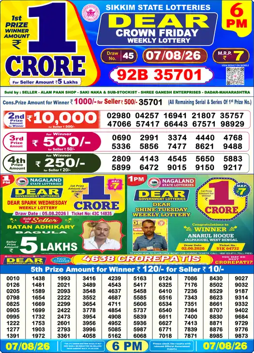 DEAR CROWN FRIDAY Lottery Result 07 August 2026 – 6 PM DEAR CROWN FRIDAY Lottery Sambad 6 PM Result 07 August 2026