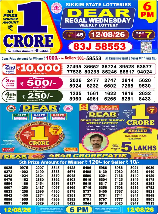 DEAR REGAL WEDNESDAY Lottery Sambad 6 PM Result 12 August 2026