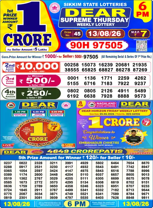 DEAR SUPREME THURSDAY Lottery Result 13 August 2026 – 6 PM DEAR SUPREME THURSDAY Lottery Sambad 6 PM Result 13 August 2026