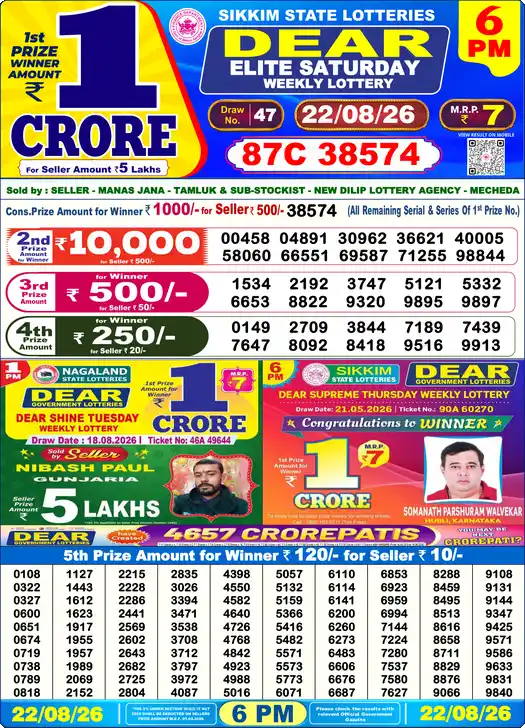 DEAR ELITE SATURDAY Lottery Result 22 August 2026 – 6 PM DEAR ELITE SATURDAY Lottery Sambad 6 PM Result 22 August 2026