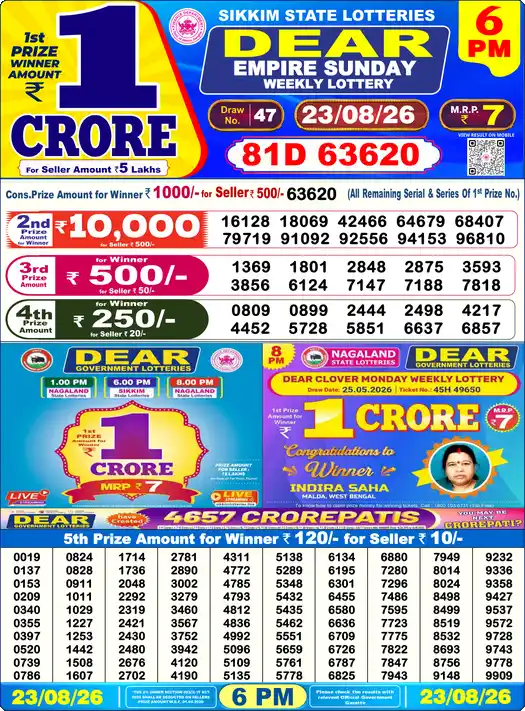 DEAR EMPIRE SUNDAY Lottery Result 23 August 2026 – 6 PM DEAR EMPIRE SUNDAY Lottery Sambad 6 PM Result 23 August 2026