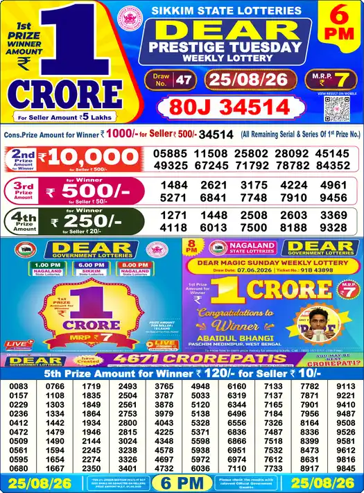DEAR PRESTIGE TUESDAY Lottery Sambad 6 PM Result 25 August 2026