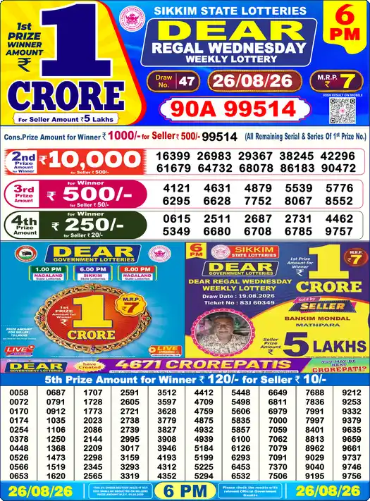 DEAR REGAL WEDNESDAY Lottery Result 26 August 2026 – 6 PM DEAR REGAL WEDNESDAY Lottery Sambad 6 PM Result 26 August 2026