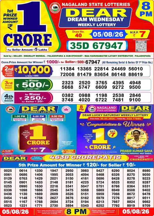 DEAR DREAM WEDNESDAY Lottery Sambad 8 PM Result 05 August 2026