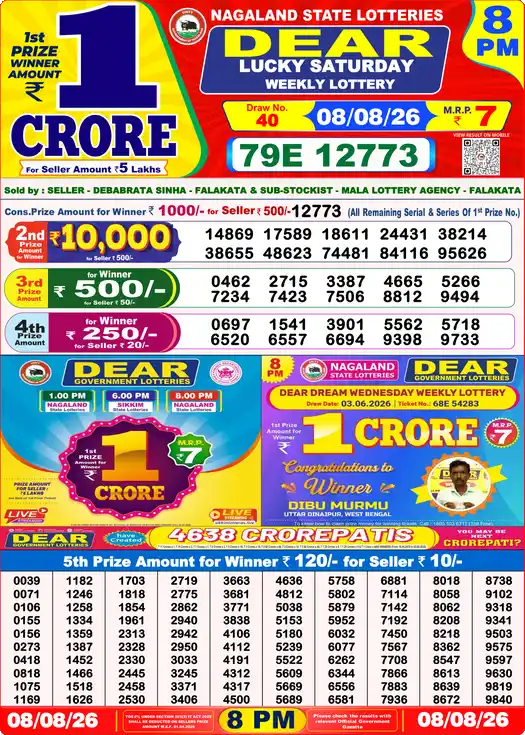 DEAR LUCKY SATURDAY Lottery Result 08 August 2026 – 8 PM DEAR LUCKY SATURDAY Lottery Sambad 8 PM Result 08 August 2026