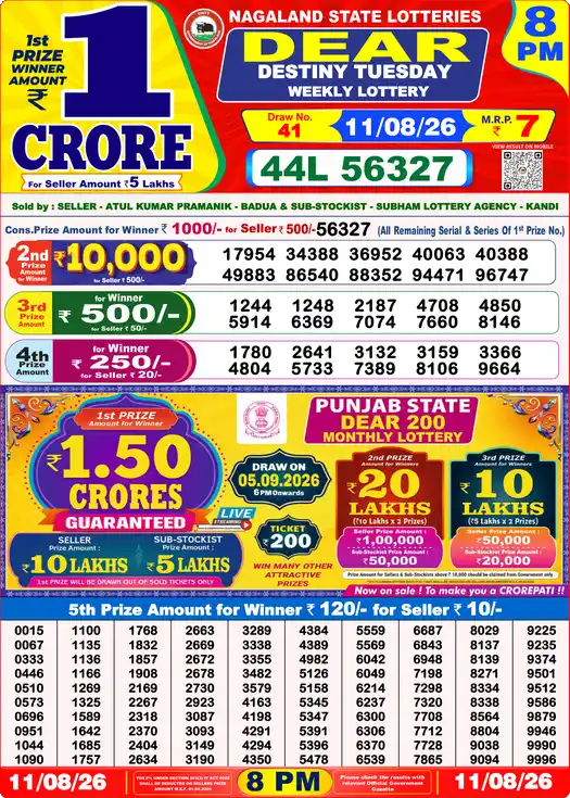 DEAR DESTINY TUESDAY Lottery Sambad 8 PM Result 11 August 2026