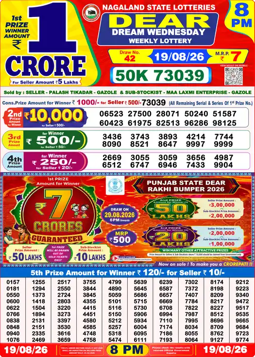 DEAR DREAM WEDNESDAY Lottery Sambad 8 PM Result 19 August 2026