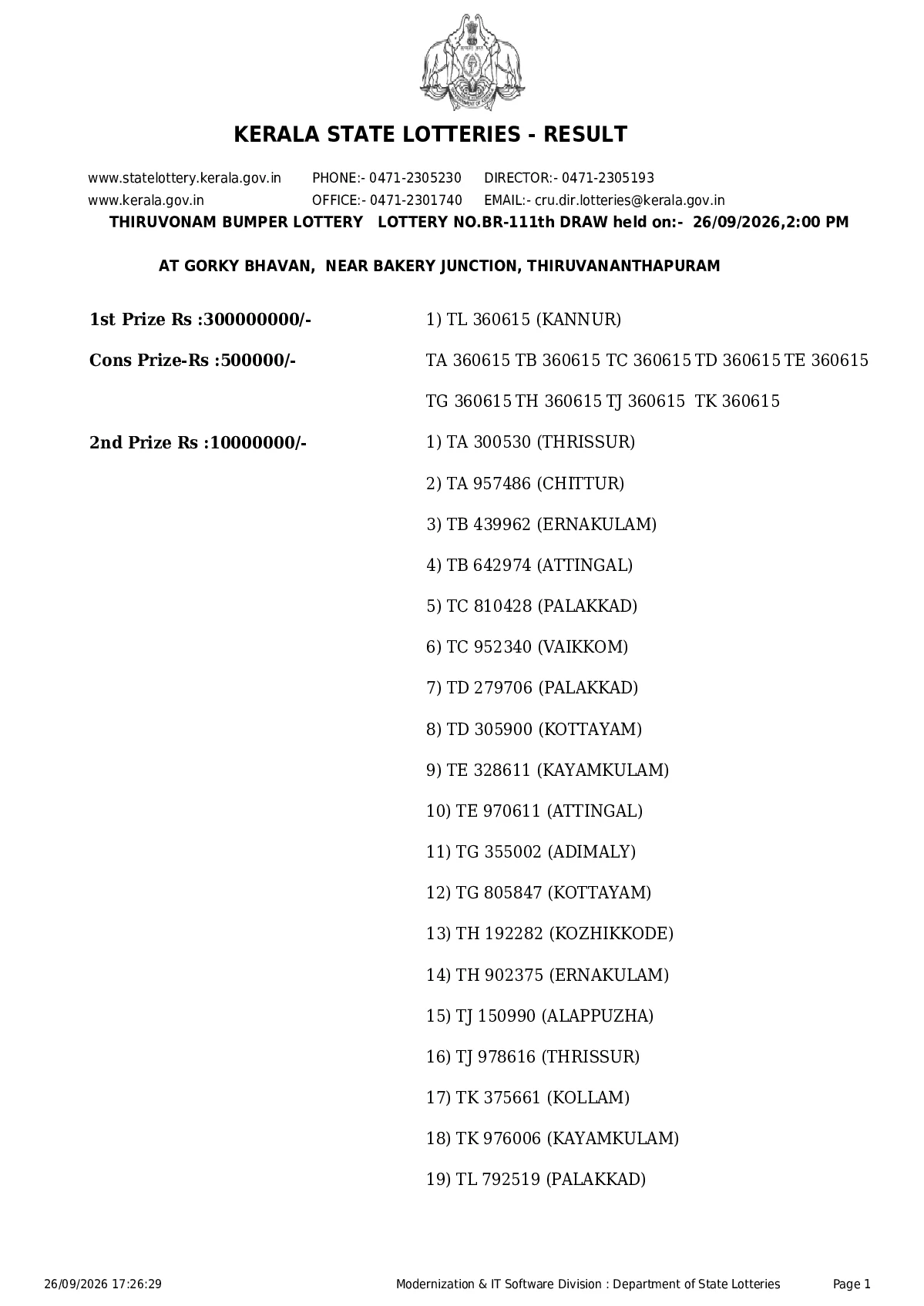 Thiruvonam Bumper Lottery result 2026-09-26 page 1