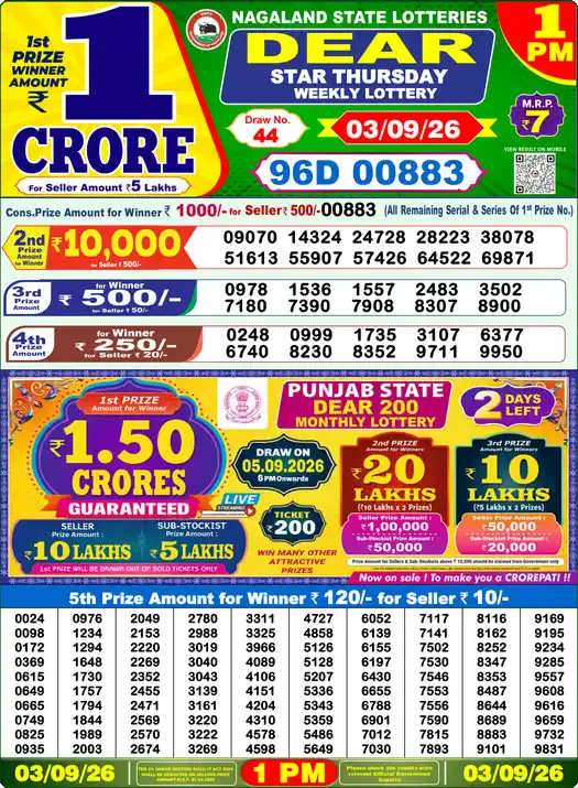 DEAR STAR THURSDAY Lottery Result 03 September 2026 – 1 PM DEAR STAR THURSDAY Lottery Sambad 1 PM Result 03 September 2026