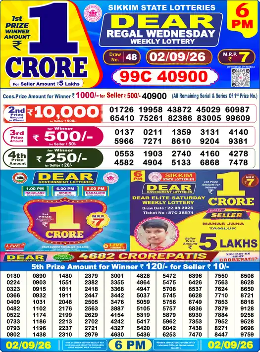 DEAR REGAL WEDNESDAY Lottery Result 02 September 2026 – 6 PM DEAR REGAL WEDNESDAY Lottery Sambad 6 PM Result 02 September 2026
