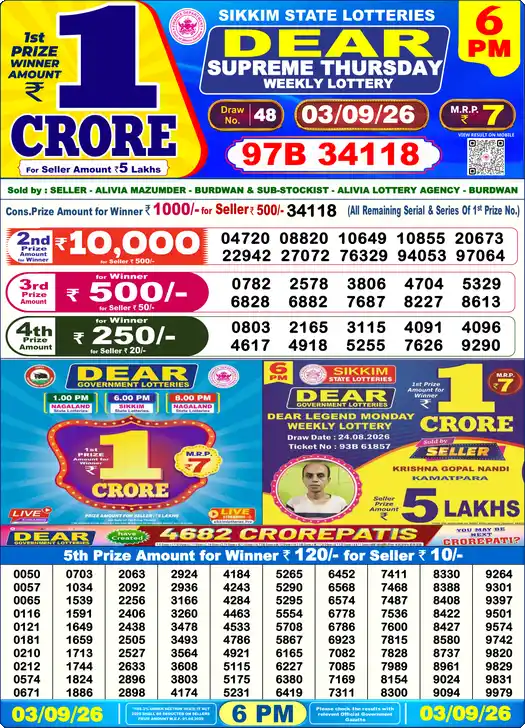 DEAR SUPREME THURSDAY Lottery Sambad 6 PM Result 03 September 2026