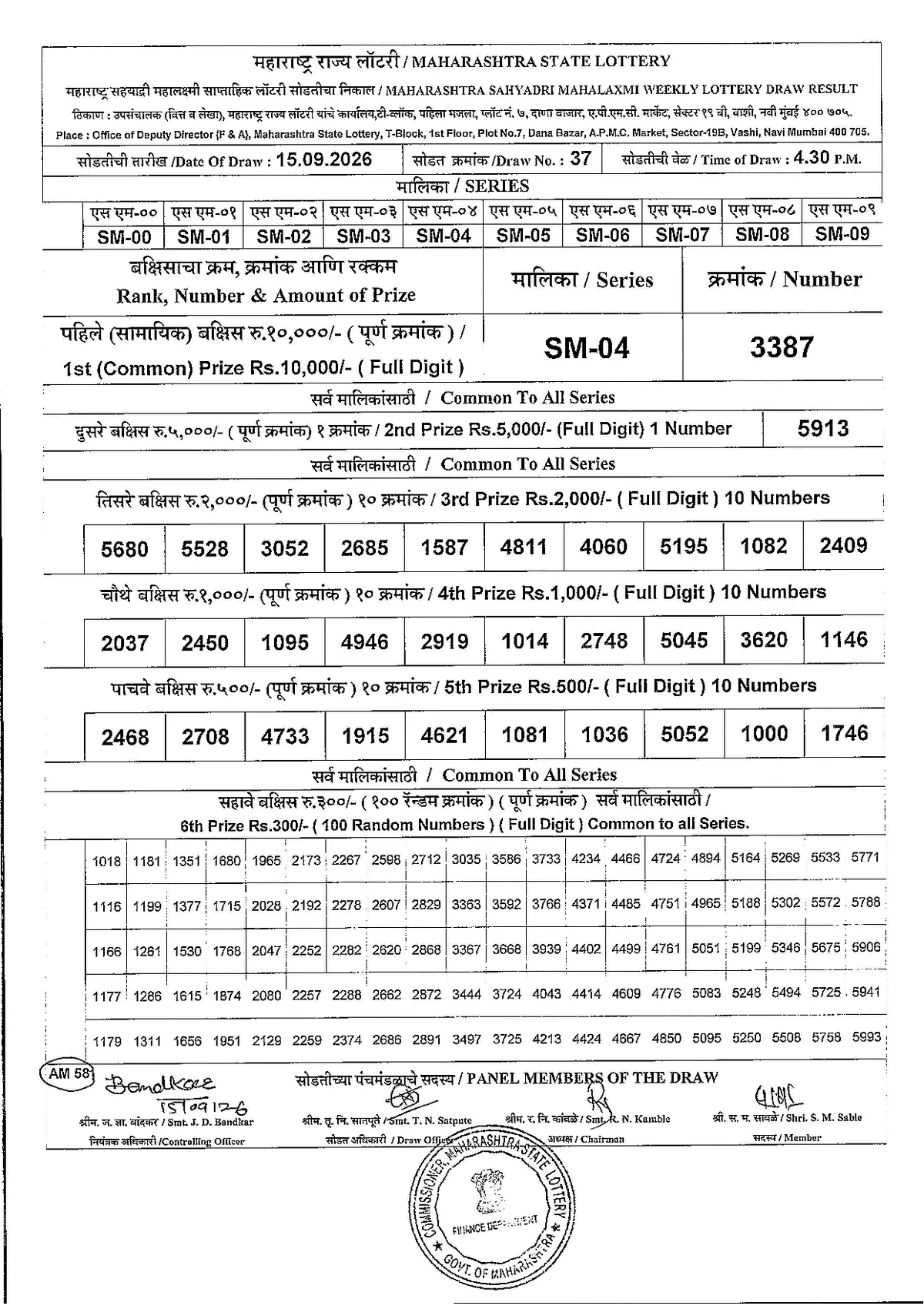 Maharashtra Lottery 4:30 PM result 15 September 2026