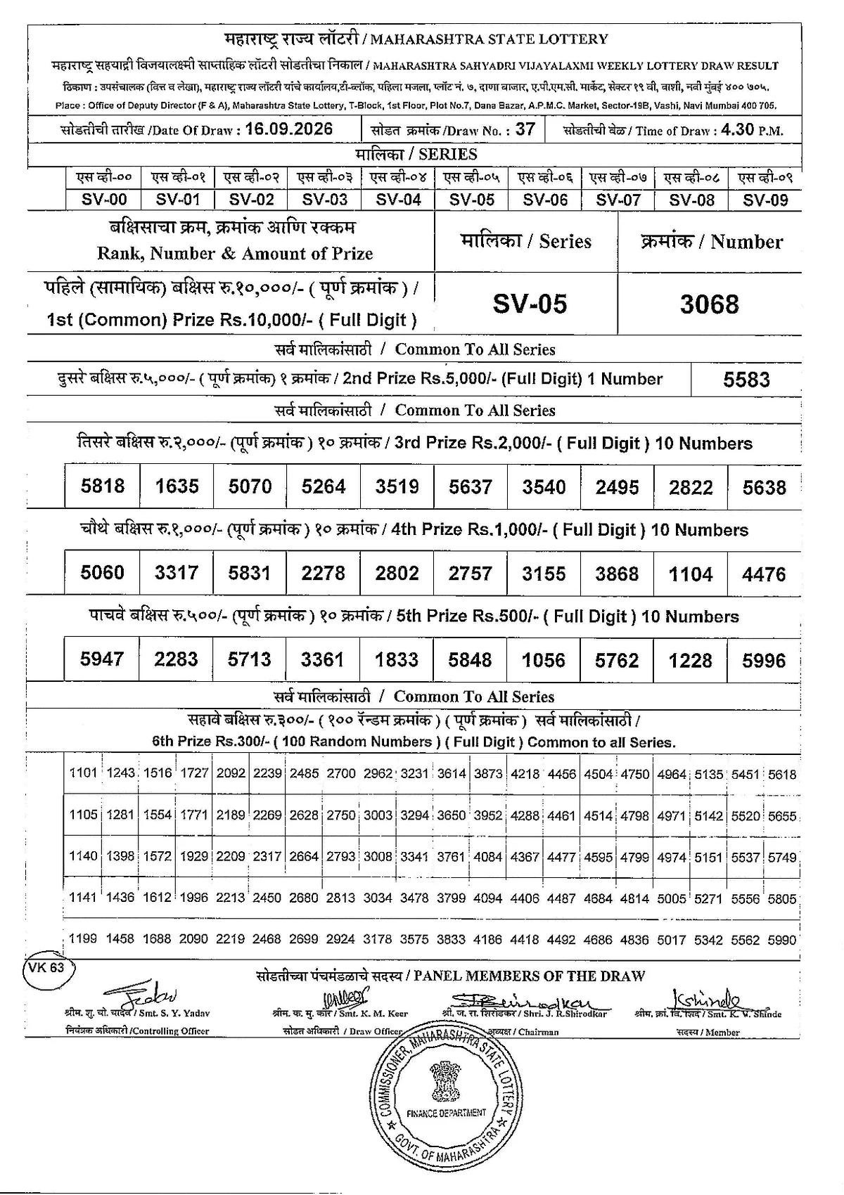 Maharashtra Lottery 4:45 PM result 16 September 2026