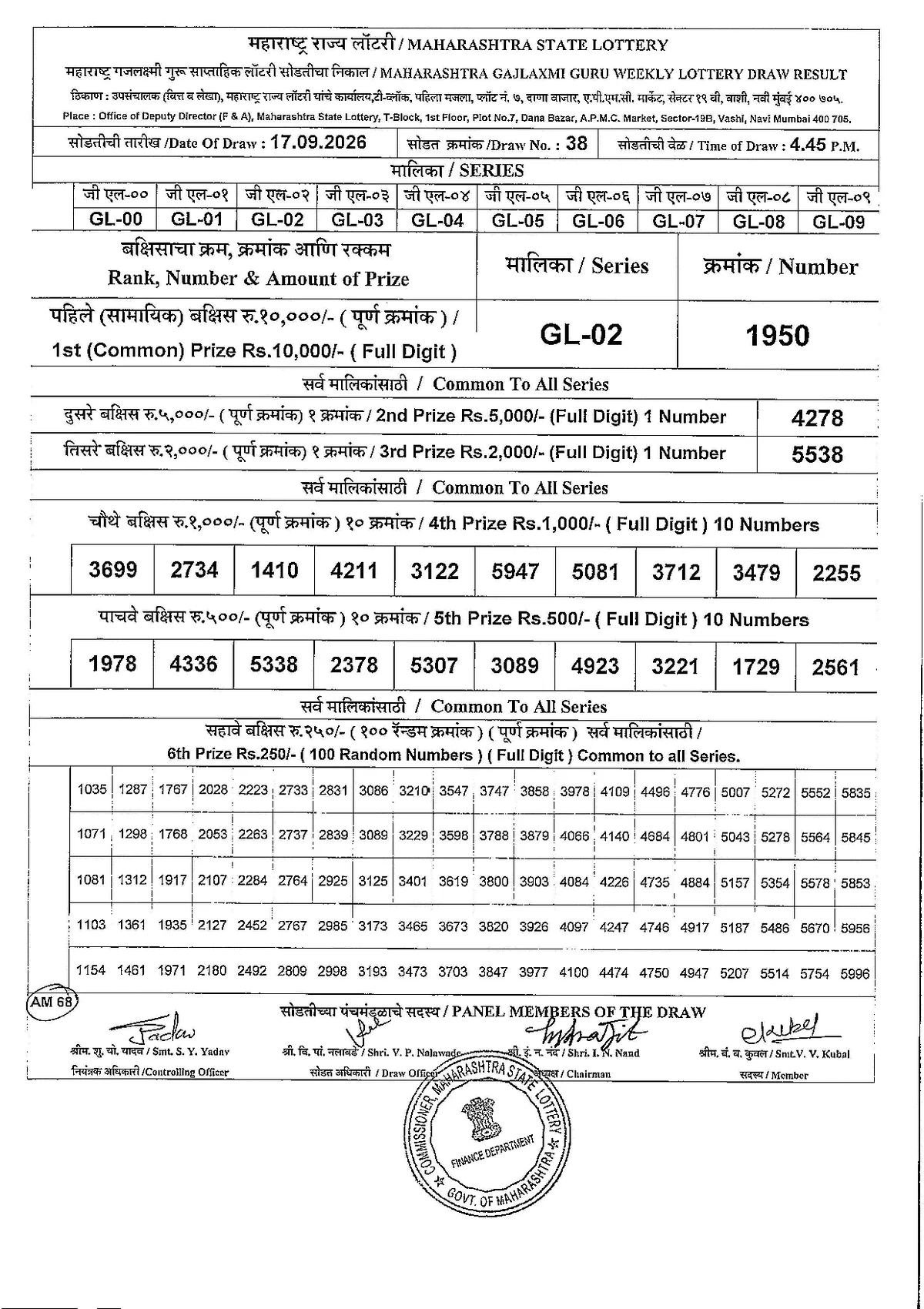Maharashtra Lottery 4:45 PM result 17 September 2026