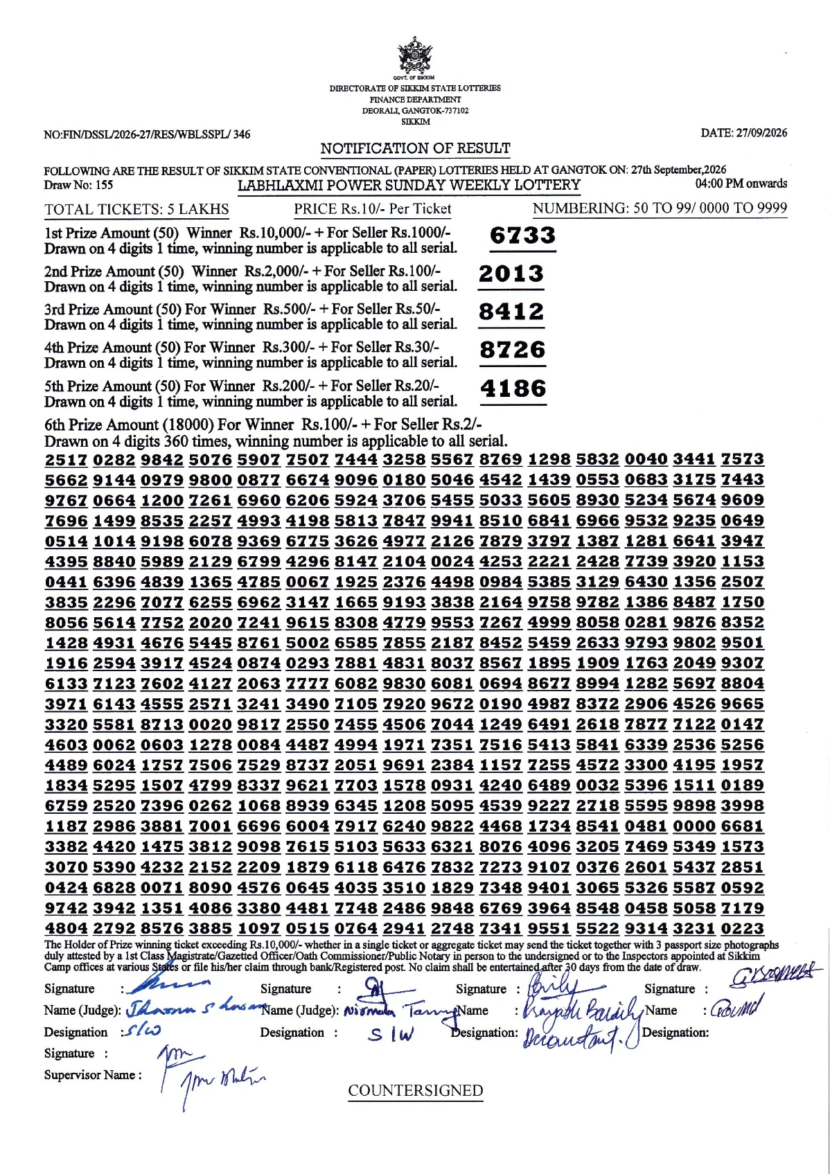 LABHLAXMI POWER SUNDAY WEEKLY LOTTERY result 2026-09-27 page 1