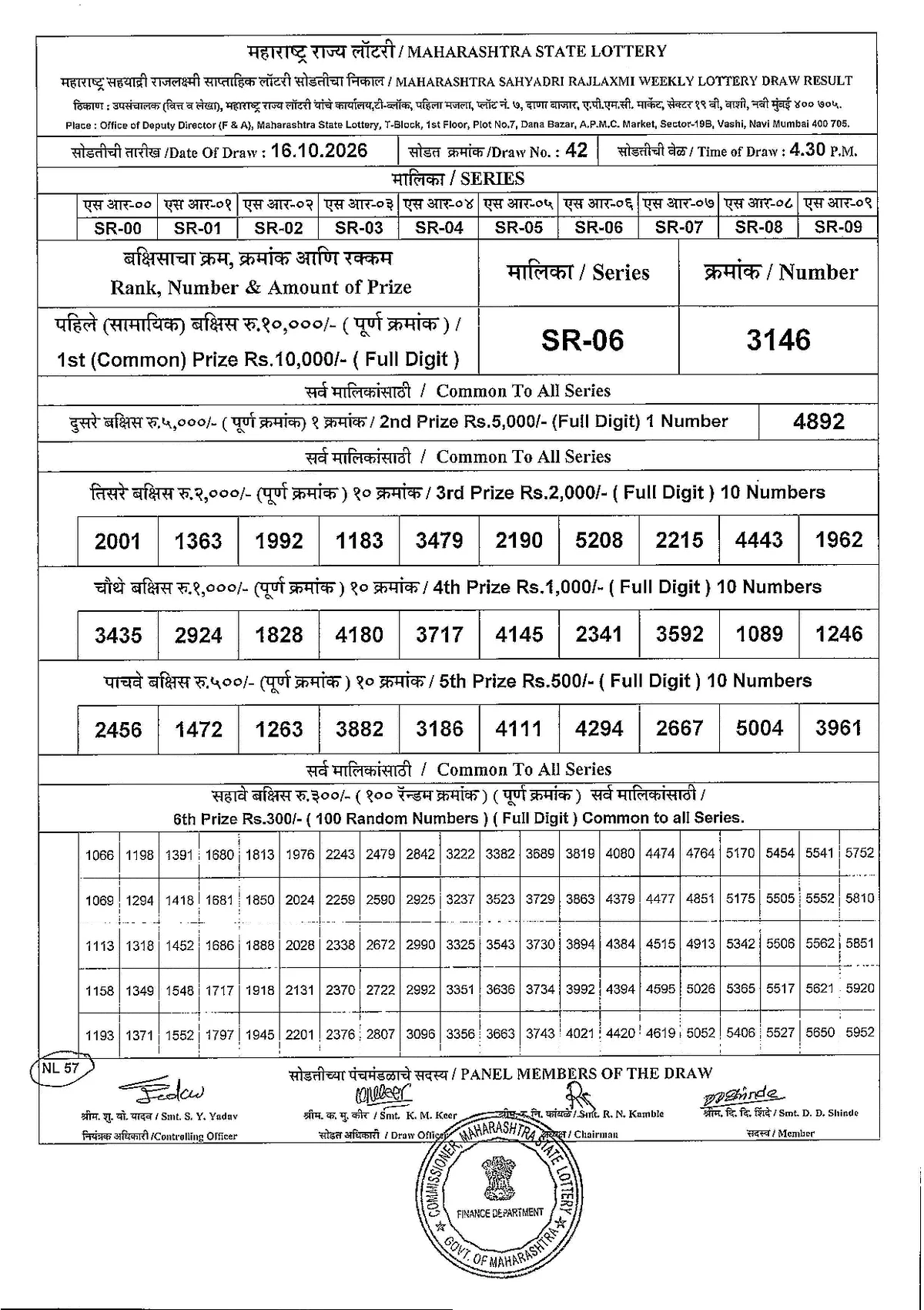Maharashtra Lottery 4:30 PM result 16 October 2026