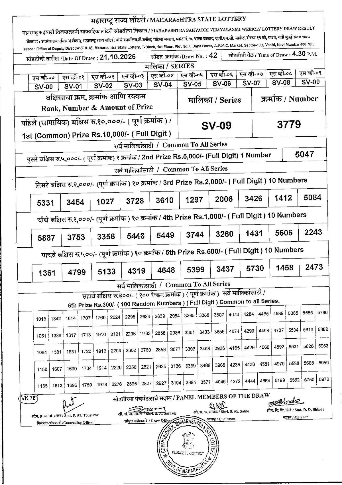 Maharashtra Lottery 4:45 PM result 21 October 2026