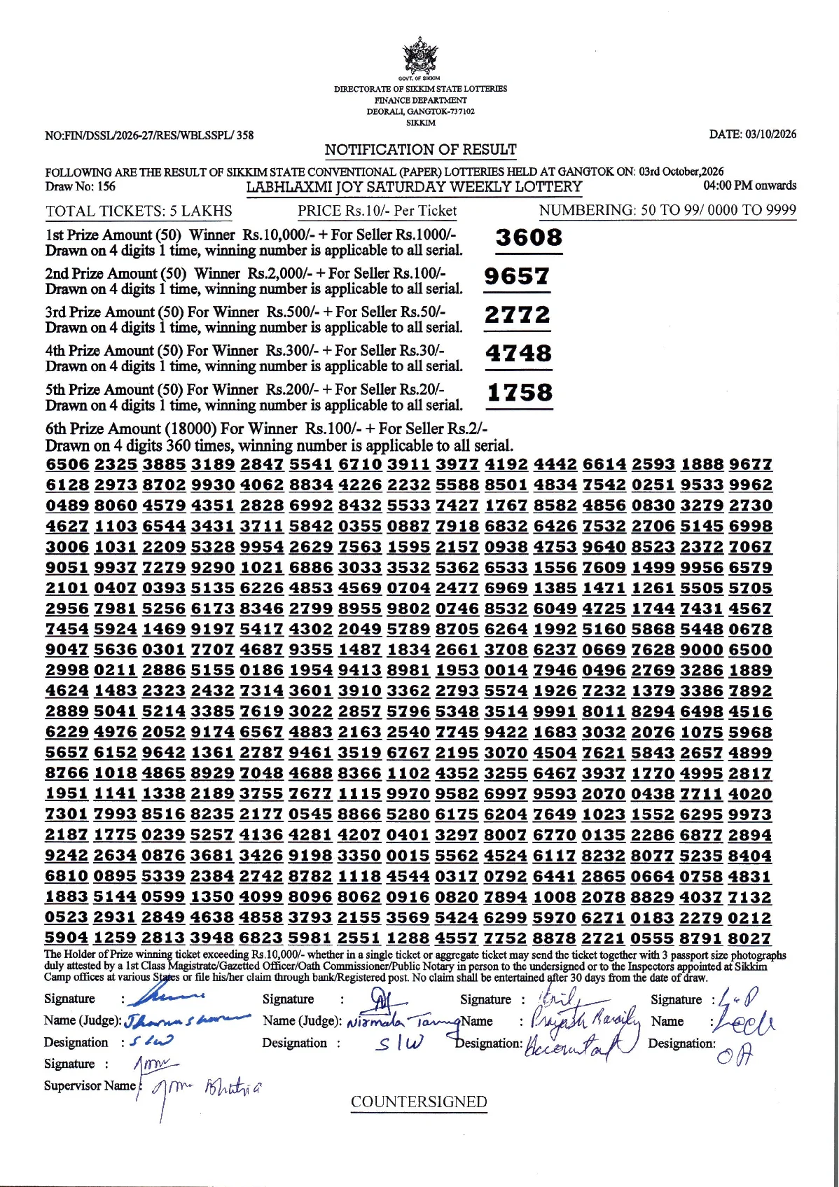 LABHLAXMI JOY SATURDAY WEEKLY LOTTERY result 2026-10-03 page 1