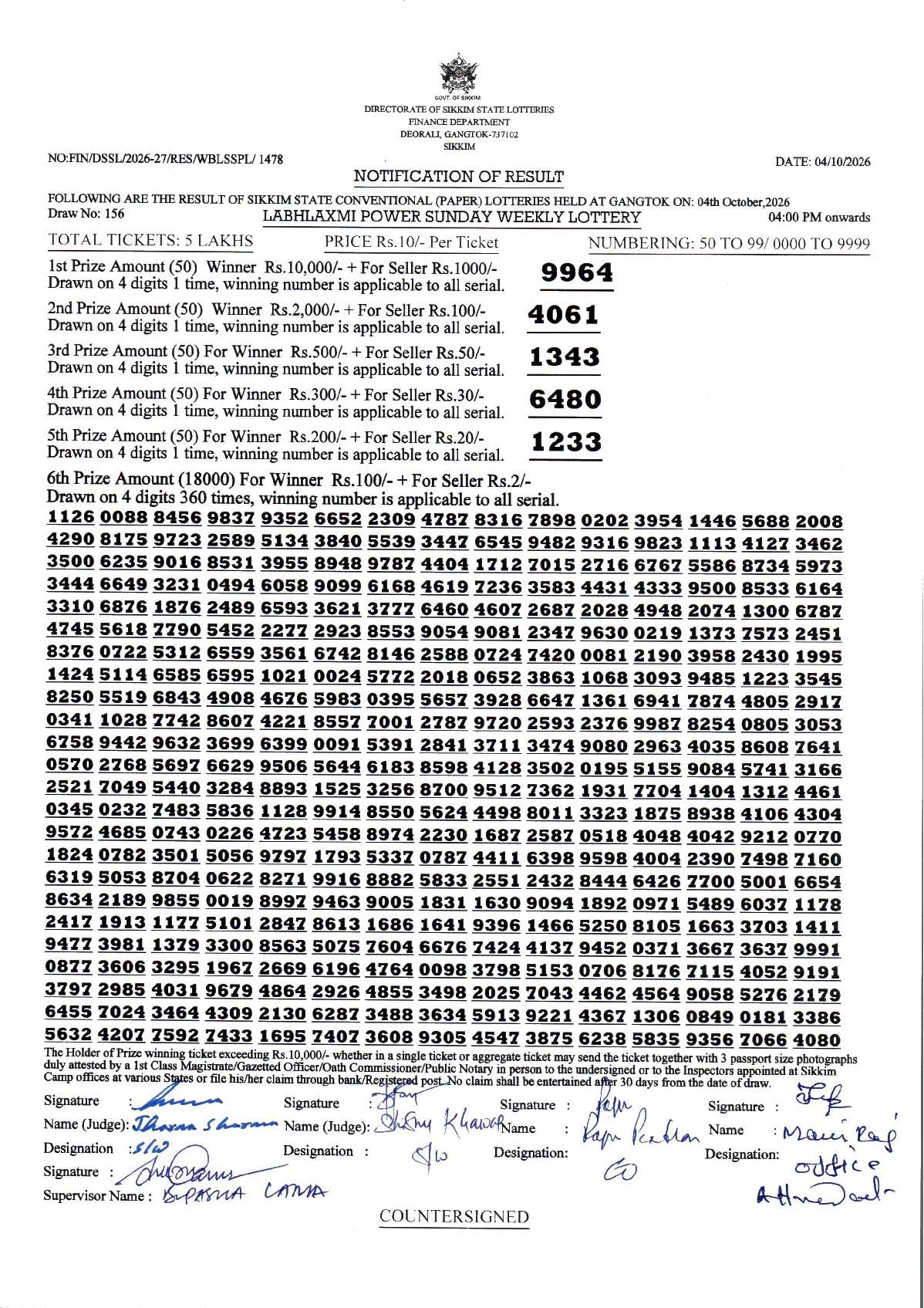 Labhlaxmi Power Sunday Weekly Lottery result 2026-10-04 page 1