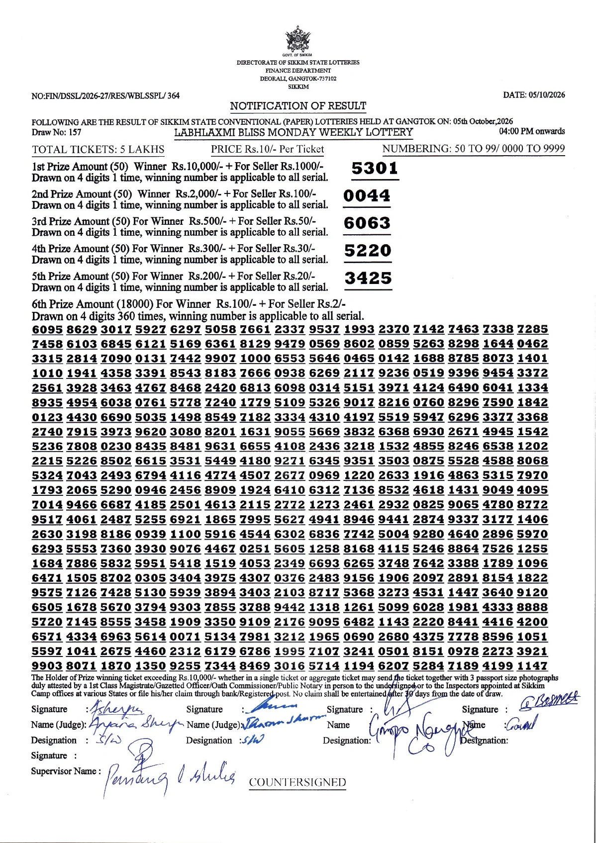 Labhlaxmi Bliss Monday Weekly Lottery result 2026-10-05 page 1