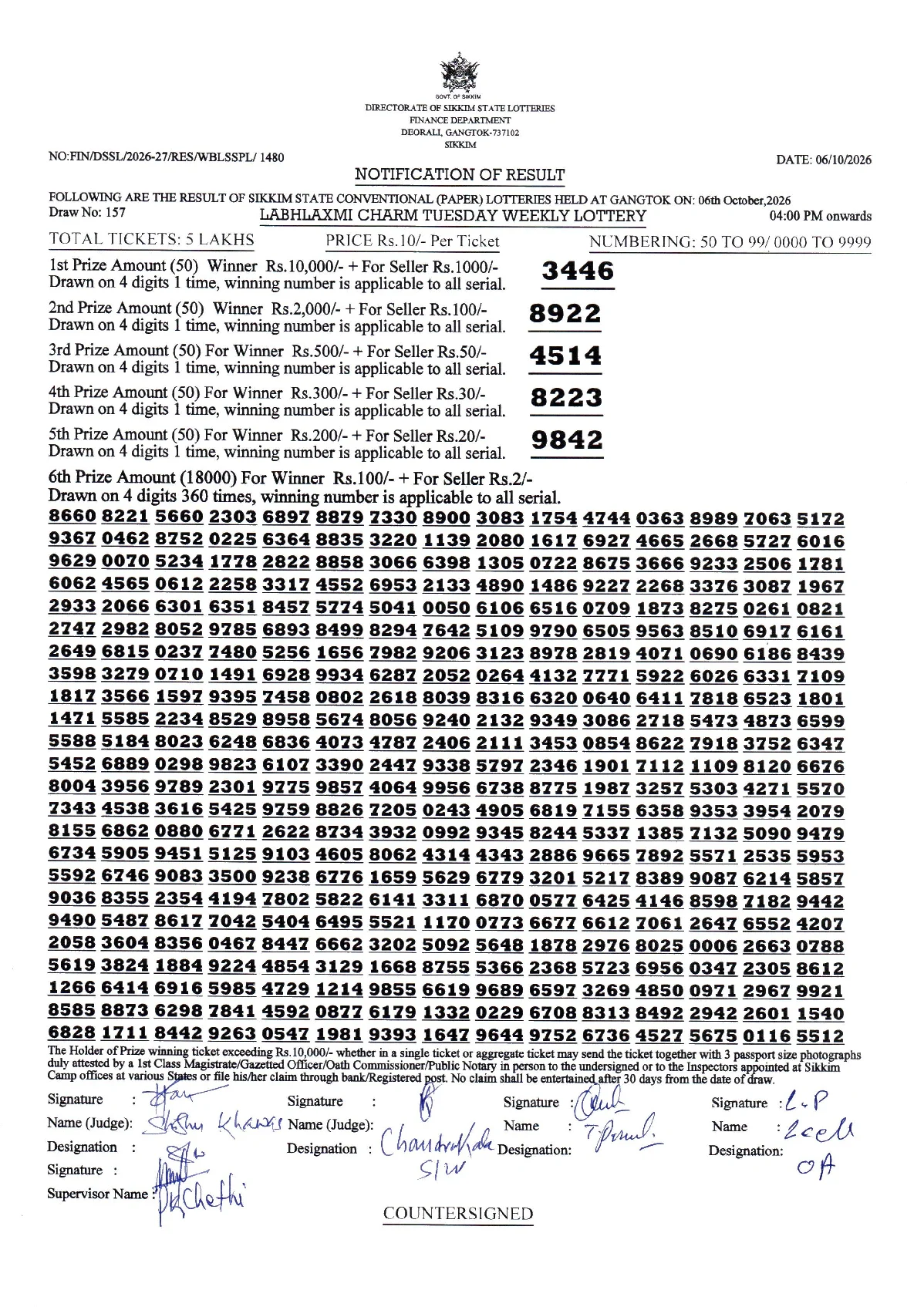 LABHLAXMI CHARM TUESDAY WEEKLY LOTTERY result 2026-10-06 page 1