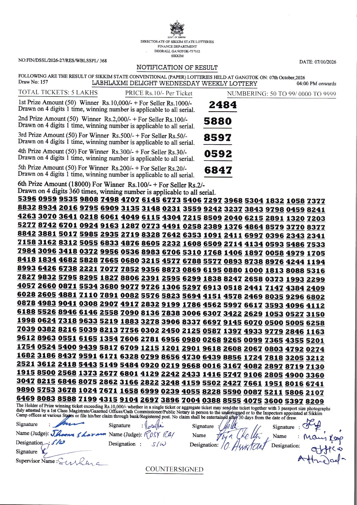 LABHLAXMI DELIGHT WEDNESDAY WEEKLY LOTTERY result 2026-10-07 page 1