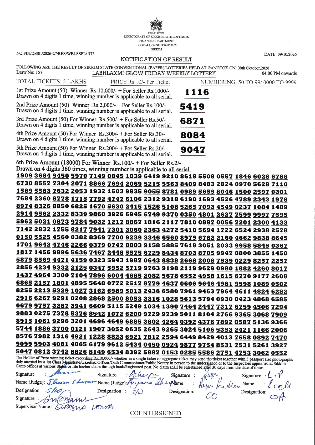 LABHLAXMI GLOW FRIDAY WEEKLY LOTTERY result 2026-10-09 page 1