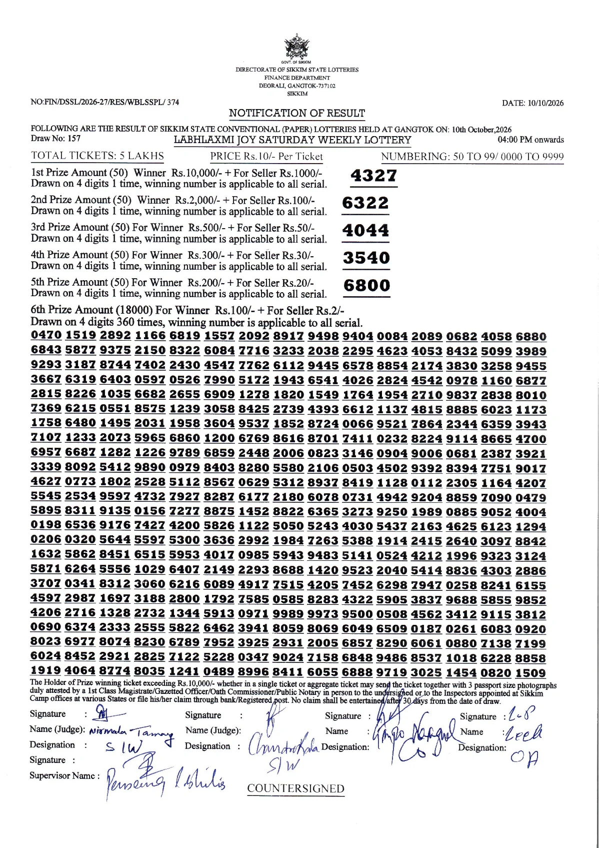 LABHLAXMI JOY SATURDAY WEEKLY LOTTERY result 2026-10-10 page 1