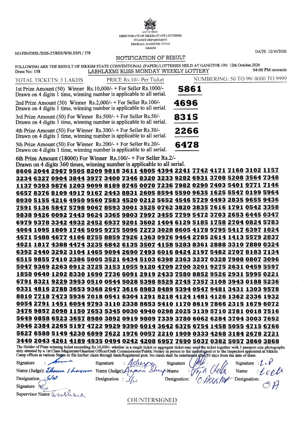 LABHLAXMI BLISS MONDAY WEEKLY LOTTERY result 2026-10-12 page 1