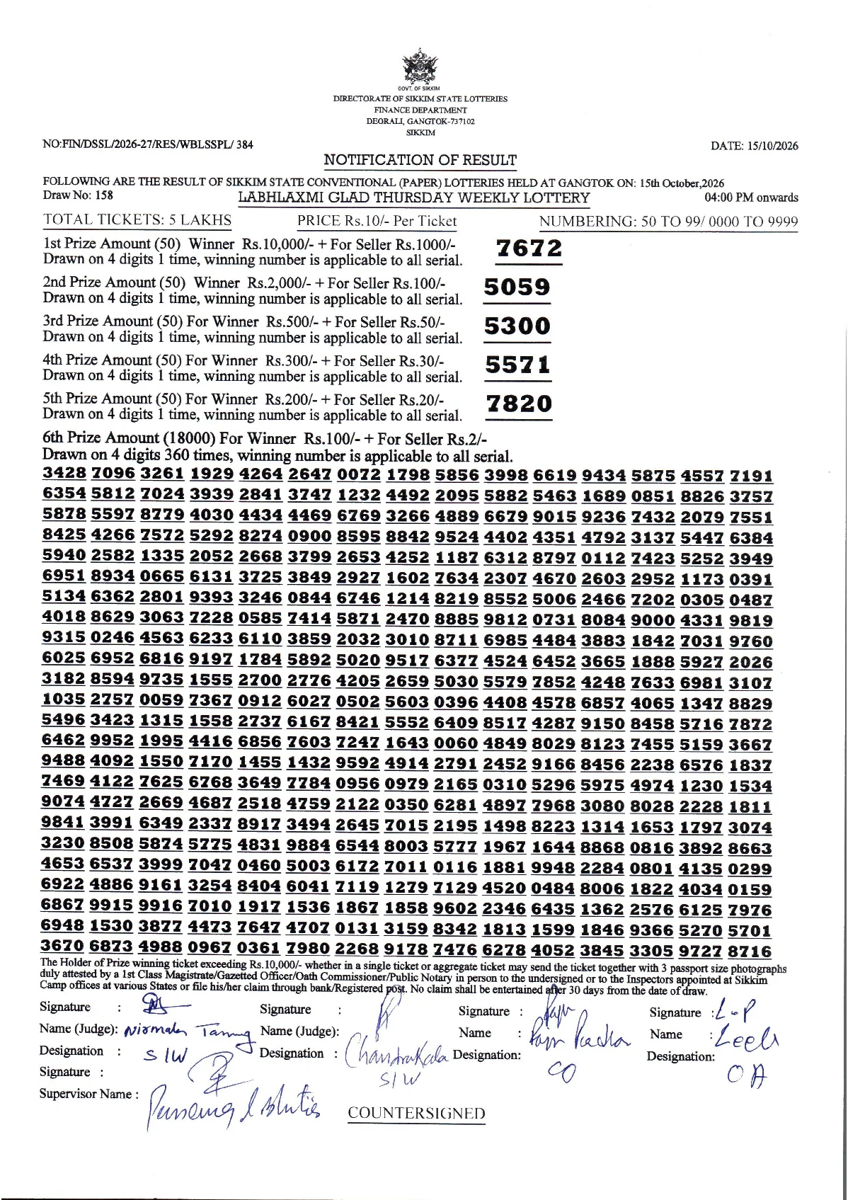LABHLAXMI GLAD THURSDAY WEEKLY LOTTERY result 2026-10-15 page 1