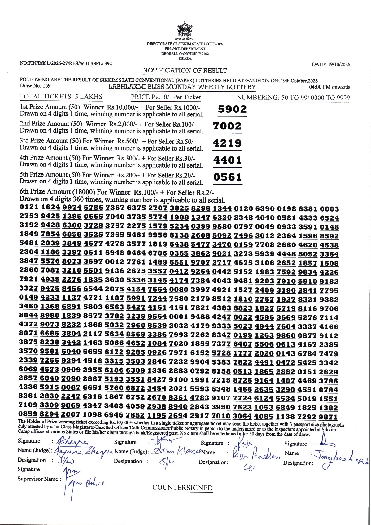 Labhlaxmi Bliss Monday Weekly Lottery result 2026-10-19 page 1