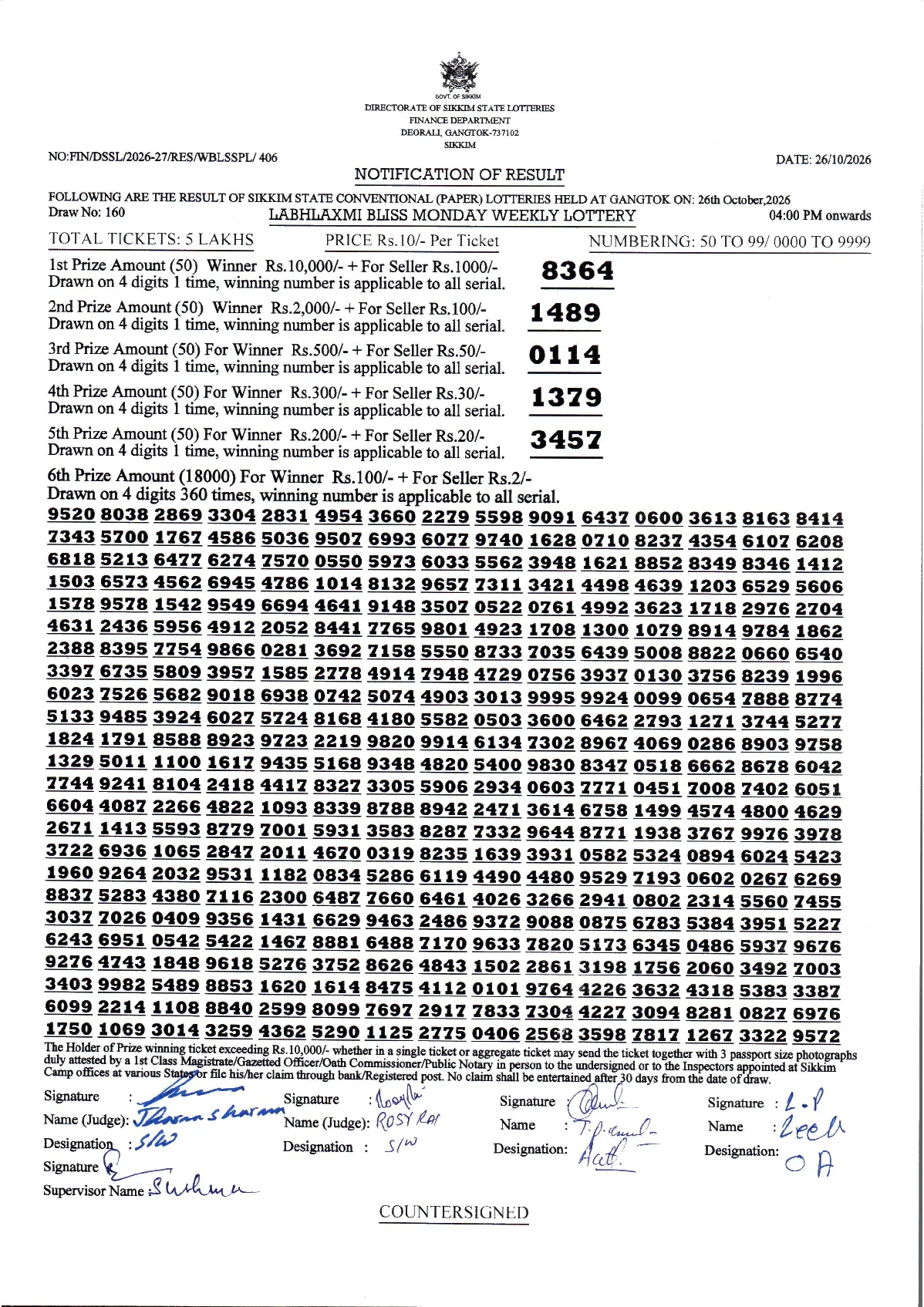 LABHLAXMI BLISS MONDAY WEEKLY LOTTERY result 2026-10-26 page 1