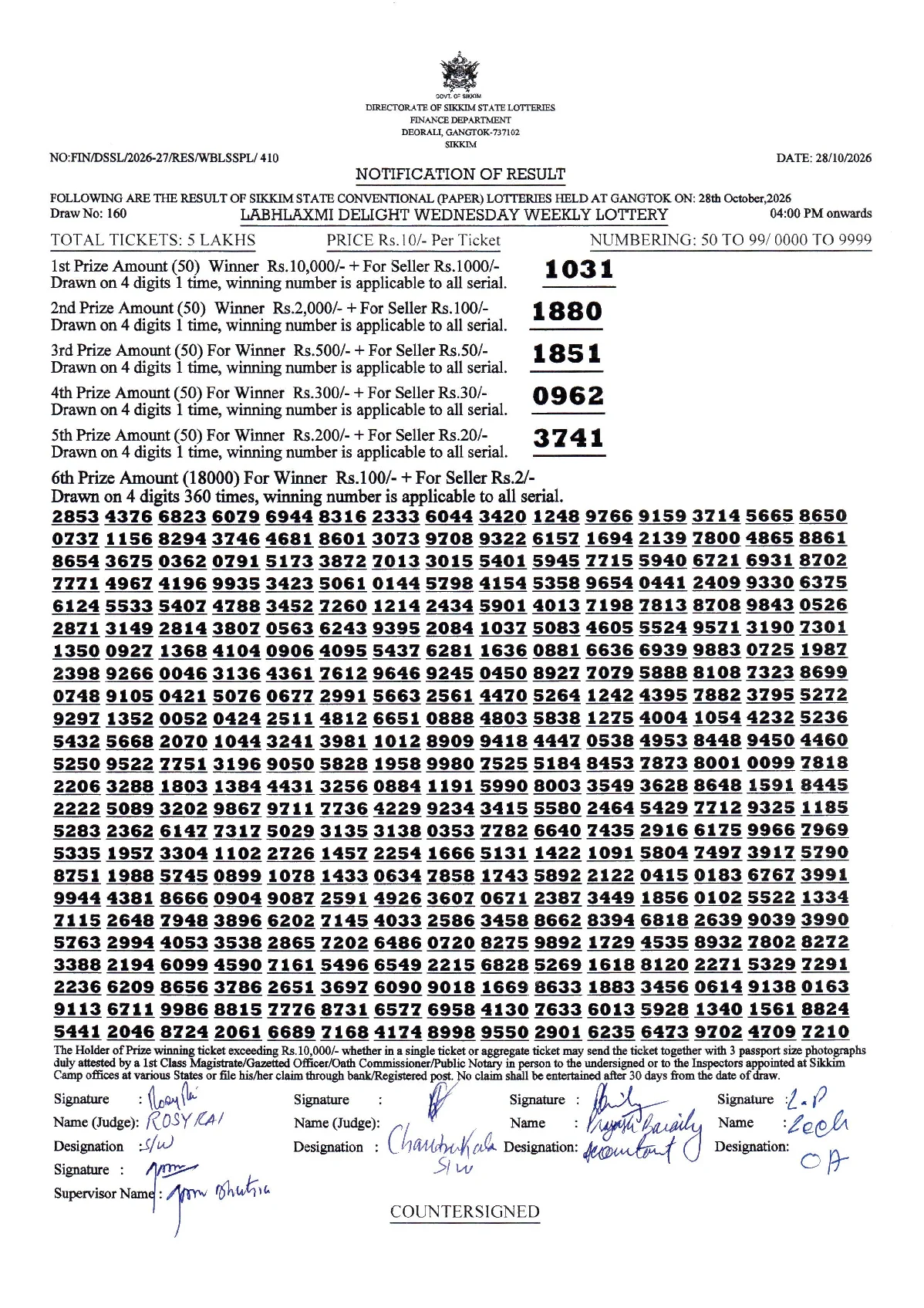 LABHLAXMI DELIGHT WEDNESDAY WEEKLY LOTTERY result 2026-10-28 page 1
