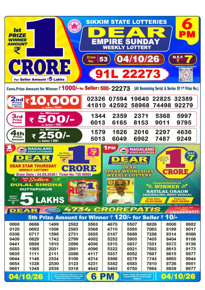 DEAR EMPIRE SUNDAY Lottery Result 04 October 2026 – 6 PM DEAR EMPIRE SUNDAY Lottery Sambad 6 PM Result 04 October 2026