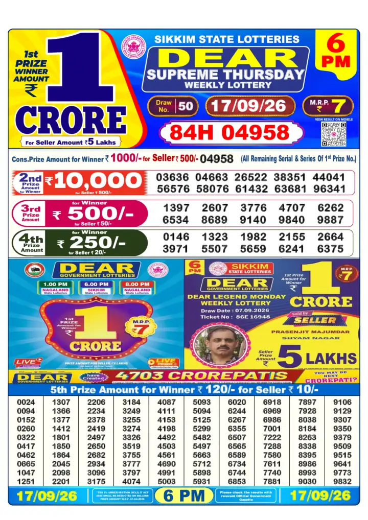 DEAR SUPREME THURSDAY Lottery Sambad 6 PM Result 17 September 2026