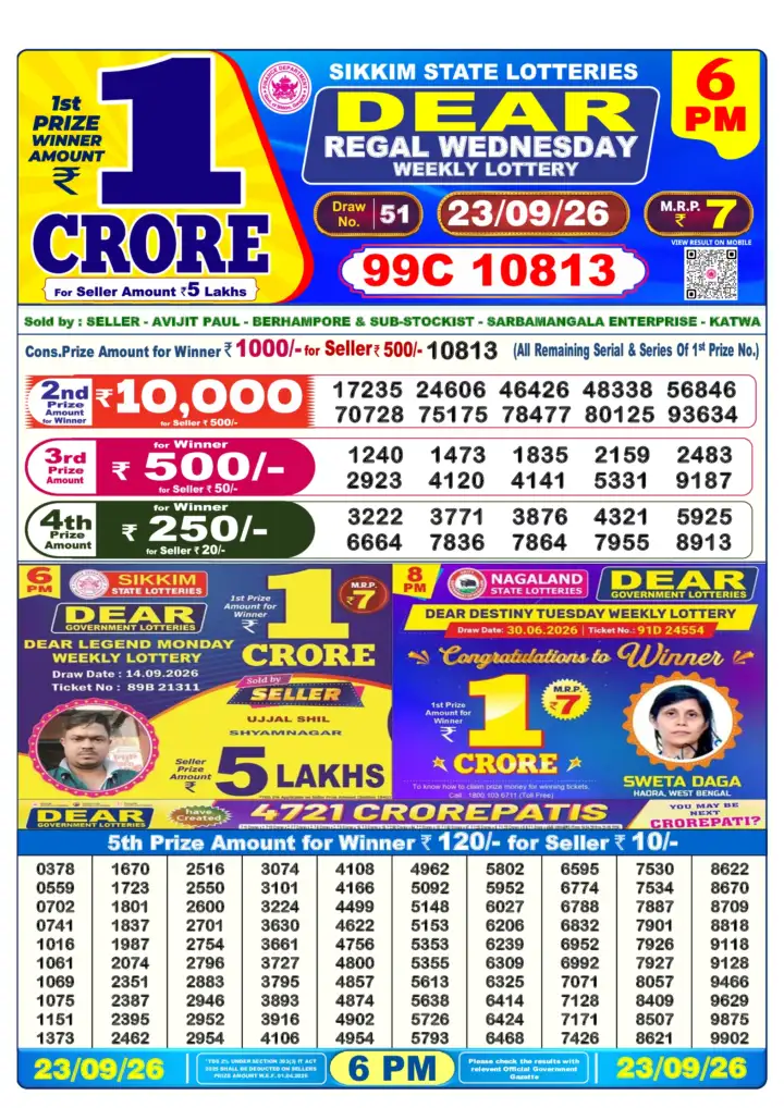 DEAR REGAL WEDNESDAY Lottery Result 23 September 2026 – 6 PM DEAR REGAL WEDNESDAY Lottery Sambad 6 PM Result 23 September 2026