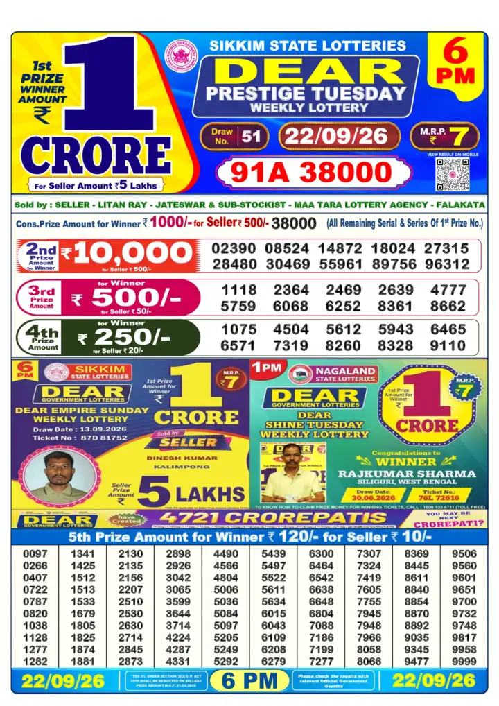 DEAR PRESTIGE TUESDAY Lottery Sambad 6 PM Result 22 September 2026