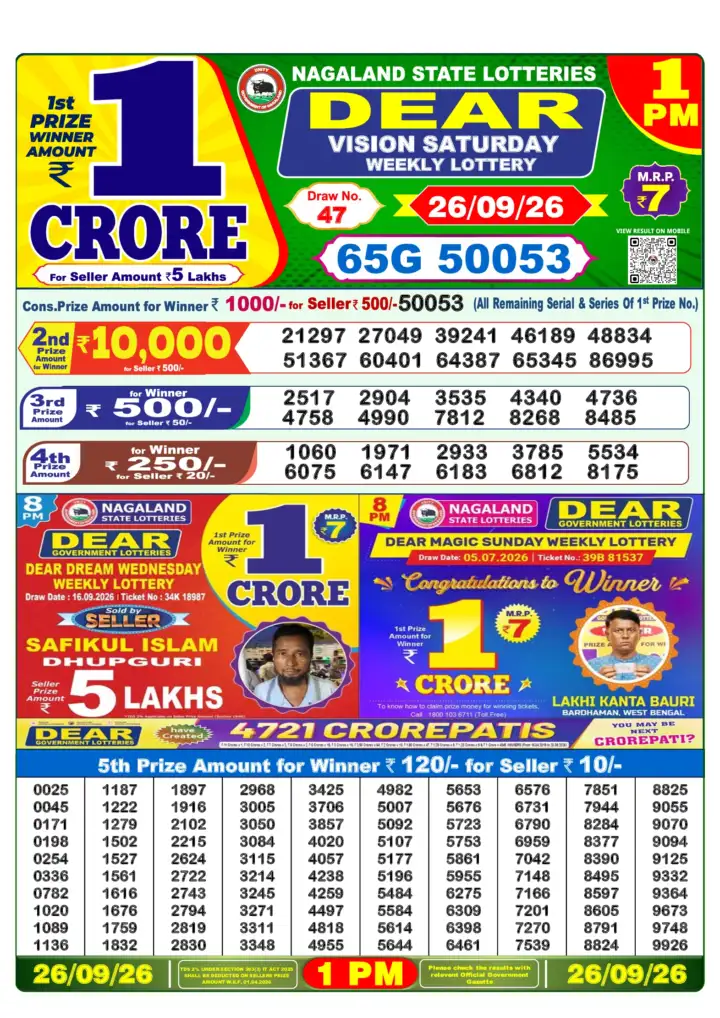 DEAR VISION SATURDAY Lottery Result 26 September 2026 – 1 PM DEAR VISION SATURDAY Lottery Sambad 1 PM Result 26 September 2026