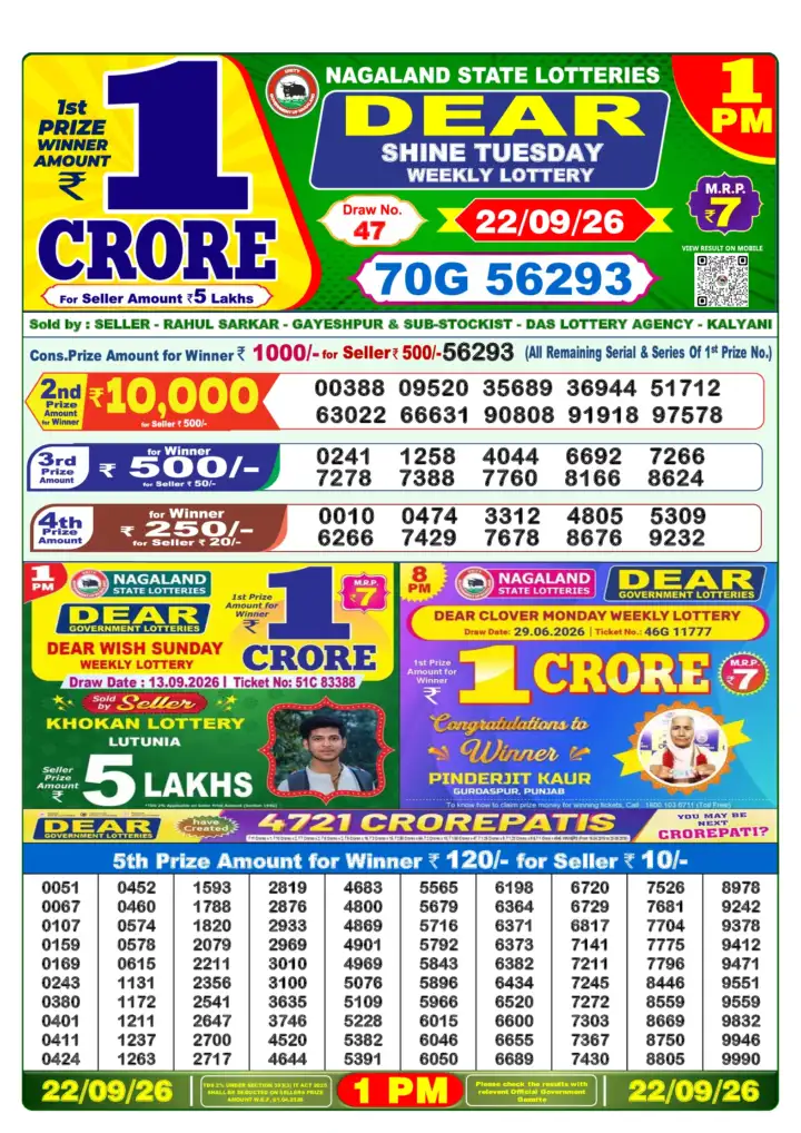DEAR SHINE TUESDAY Lottery Sambad 1 PM Result 22 September 2026