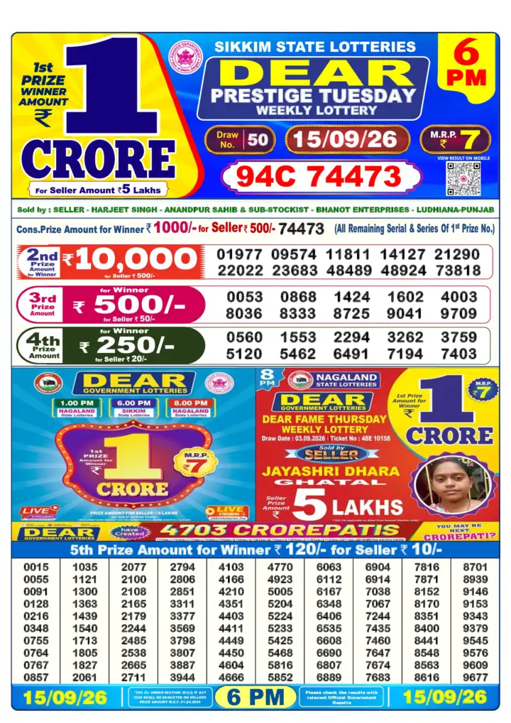 DEAR PRESTIGE TUESDAY Lottery Result 15 September 2026 – 6 PM DEAR PRESTIGE TUESDAY Lottery Sambad 6 PM Result 15 September 2026